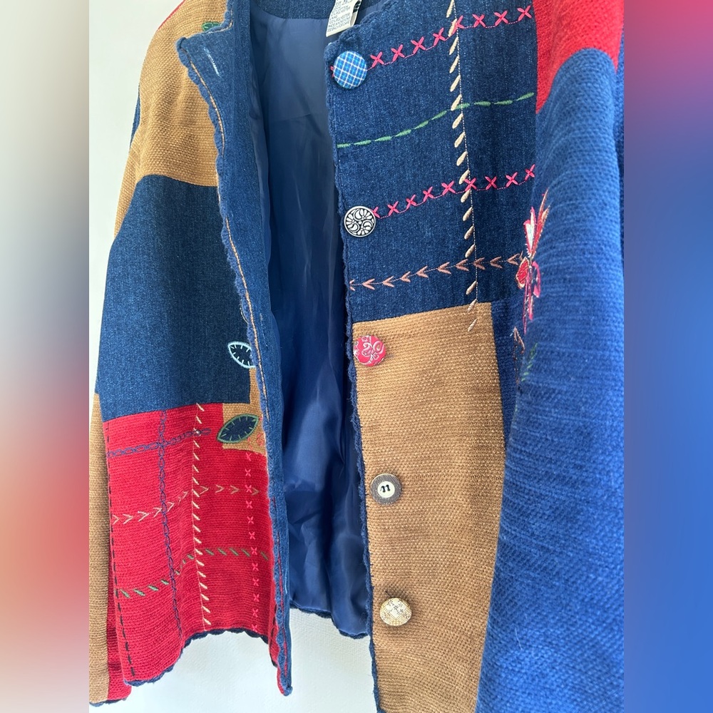 Vintage 90s Artsy Patchwork Novelty Embroidered Statement Jacket Whimsy Boho XL - Picture 6 of 15